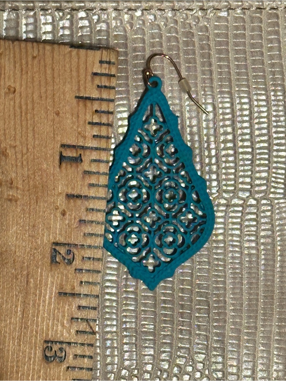 Teal Blue Lace Filigree Dangle Teardrop Chunky Festival Summer Earrings - Picture 2 of 2